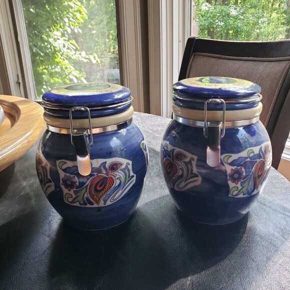 2 Blue Ceramic Canisters with Floral Design - Picture 1 of 10